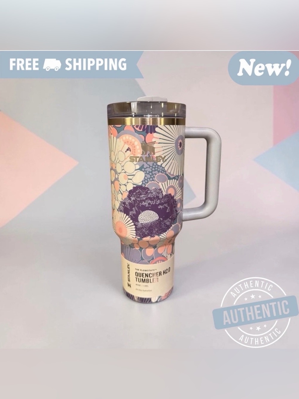 Stanley Quencher H2.0 FlowState 40 oz Tumbler Blue Dream Wildflower Straw Cup.